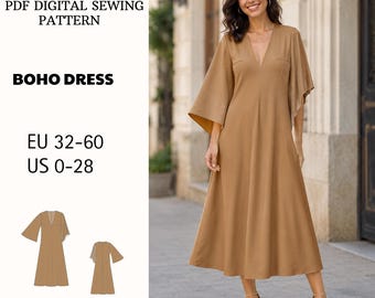 Boho Linen Midi Dress Sewing Pattern PDF Flared Sleeve V Neck Dress