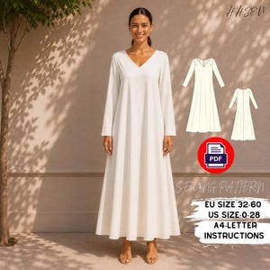 Peut inclure: Une robe blanche longue à manches longues avec un décolleté en V et une jupe évasée. L'image comprend une illustration de patron de couture numérique, une icône PDF et le texte HHSEW, SEWING PATTERN, EU SIZE 32-60, US SIZE 0-28, A4-LETTER INSTRUCTIONS.