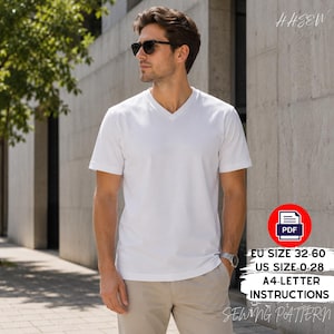 May include: A plain white short-sleeved v-neck t-shirt. The image includes text: PDF, EU SIZE 32-60, US SIZE 0-28, A4-LETTER INSTRUCTIONS, SEWING PATTERN. The shirt is worn with beige pants, a silver wristwatch, and dark sunglasses.