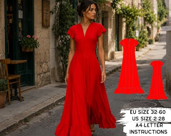 Maxi Ruffle Dress PDF Pattern, V Neck Evening Gown Sewing Template