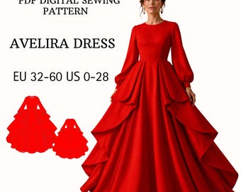 Ball Gown Sewing Pattern PDF Tiered Long Sleeve Formal Evening Dress