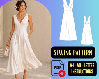 V Neck Satin Midi Dress Pattern, Elegant Evening Gown, Bridesmaid & Bridal PDF Sewing Pattern