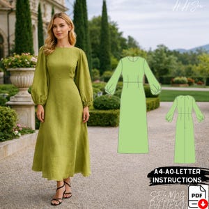 May include: A woman wearing a long, olive green dress with long, puffy sleeves and a round neckline. The dress has a fitted waist and a flowing skirt. The image also includes a sewing pattern diagram and the text "A4-A0-LETTER INSTRUCTIONS SEWING PATTERN PDF".