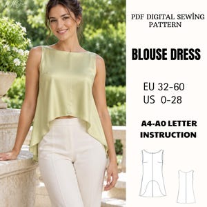 Könnte beinhalten: Ein digitales PDF-Schnittmuster für ein Blusenkleid, bestehend aus einem ärmellosen hellgrünen Oberteil mit Vokuhila-Saum und einer weißen Hose. Der Text lautet PDF DIGITAL SEWING PATTERN, BLOUSE DRESS, EU 32-60, US 0-28, A4-A0 LETTER INSTRUCTION.
