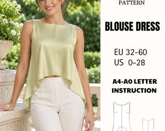 High Low Sleeveless Top Summer Blouse Sewing Pattern PDF Boat Neck Asymmetrical