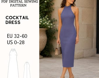Halter Neck Midi Dress Sewing Pattern PDF Elegant Cocktail Style