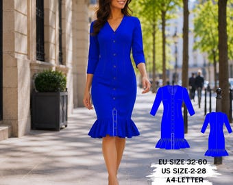 Midi Ruffle Dress PDF Pattern, Button Front Long Sleeve Sewing Template