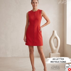 May include: A sleeveless, red dress with a button-down front. The dress has a round neckline and falls to mid-thigh. The image also includes text that says "A4-LETTER INSTRUCTIONS" and "SEWING PATTERN".