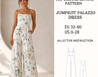 Palazzo Jumpsuit Sewing Pattern PDF Floral Wide Leg Style