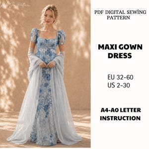 Puede incluir: Un patrón de costura digital en PDF para un vestido largo maxi en tallas EU 32-60 y US 2-30, con instrucciones A4-A0. El vestido llega al suelo, tiene mangas cortas abullonadas, escote cuadrado y un estampado floral azul y blanco.