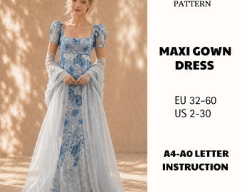 Regency Dress Sewing Pattern PDF Square Neck Puff Sleeve Empire Waist Maxi Gown
