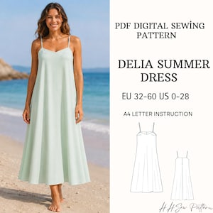 May include: A PDF digital sewing pattern for the Delia Summer Dress, sizes EU 32-60 and US 0-28, with A4 letter instructions. The image displays a light green sleeveless dress with thin straps and a flared skirt, alongside a technical line drawing.