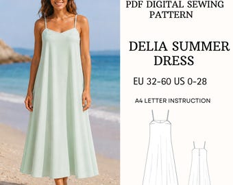 Spaghetti Strap Midi Dress Sewing Pattern PDF Summer Beach Dress