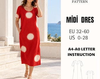 Scoop Neck Midi Shift Dress Sewing Pattern PDF Short Sleeve Side Pocket Casual Style