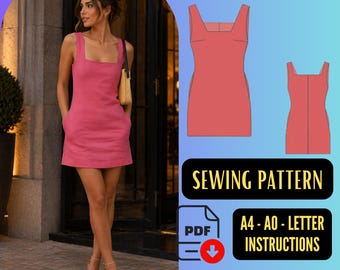 Basic Mini Dress Sewing Pattern PDF Sleeveless Casual Shift Outfit