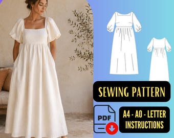 Cottagecore Puff Sleeve Midi Dress Pattern, Victorian Boho Sewing Pattern PDF