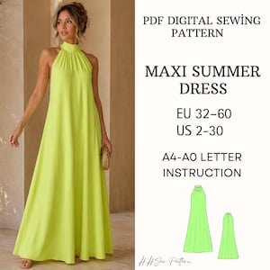 Può includere: Un abito lungo color verde lime con scollo all'americana alto e gonna fluida fino ai piedi. Il testo recita: PDF DIGITAL SEWING PATTERN, MAXI SUMMER DRESS, EU 32-60, US 2-30, A4-A0 LETTER INSTRUCTION. Include due piccoli disegni tecnici dell'abito.