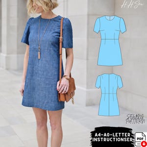 May include: A blue denim dress with short sleeves, a round neckline, and a waist seam. Beside the dress are two light blue technical illustrations showing the front and back views of the garment, labeled H H Sew and Sewing Pattern A4-A0-Letter.