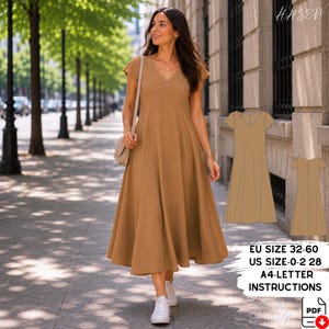 May include: A tan V-neck dress with short sleeves and a flared skirt. The dress is knee-length and is paired with white sneakers. The image also includes a pattern diagram and text that reads "EU SIZE 32-60, US SIZE-0-2 28, A4-LETTER INSTRUCTIONS."