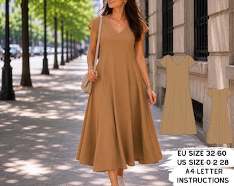 Midi Dress PDF Pattern, V Neck Casual Sewing Template