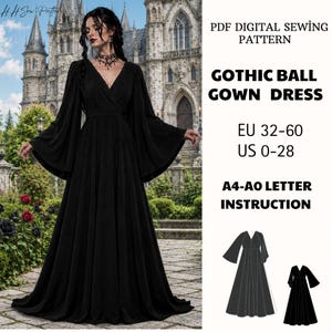 Könnte beinhalten: Ein bodenlanges schwarzes Kleid mit V-Ausschnitt und weiten Glockenärmeln. Text: H H Sew Pattern, PDF Digital Sewing Pattern, Gothic Ball Gown Dress, EU 32-60, US 0-28, A4-A0 Letter Instruction. Enthält eine schwarz-weiße Strichzeichnung.