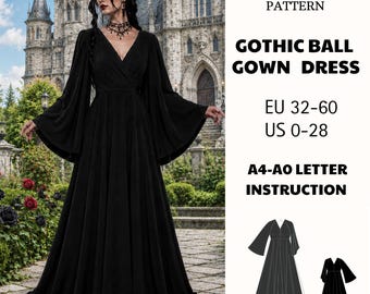 Gothic Ball Gown Sewing Pattern PDF Halloween Vampire Cosplay V Neck Bell Sleeve