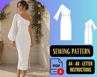 Elegant One Shoulder Midi Sewing PDF, Asymmetrical Pencil Style, Instant Download Sizes 2-30