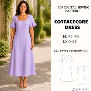 Cottagecore Midi Dress Sewing Pattern PDF Square Neck Flutter Sleeve