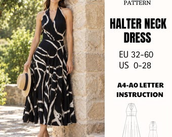 Halter Tea Length Knit Dress Sewing Pattern PDF Open Back V Neck Pleated Waist