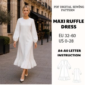 Peut inclure: Un patron de couture numérique PDF pour une robe longue à volants, avec le texte : PDF DIGITAL SEWING PATTERN, MAXI RUFFLE DRESS, EU 32-60, US 0-28, A4-A0 LETTER INSTRUCTION. Inclut une robe blanche à manches longues et un dessin technique.