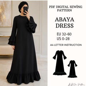 May include: A black abaya dress with long sleeves featuring two-tiered ruffled cuffs and a ruffled hemline. The text reads PDF DIGITAL SEWING PATTERN ABAYA DRESS EU 32-60 US 0-28 A4 LETTER INSTRUCTION. Includes a technical sketch of the front and back.
