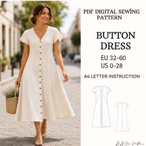 Könnte beinhalten: Ein digitales PDF-Schnittmuster für ein Knopfkleid in den Größen EU 32-60 und US 0-28. Das Bild zeigt ein beiges Kleid mit V-Ausschnitt, kurzen Flügelärmeln und einer durchgehenden Knopfleiste, inklusive A4-Anleitung und Skizzen.