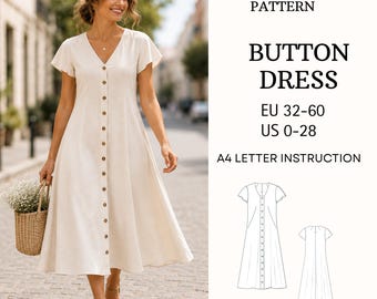 Button Front Summer Dress Sewing Pattern PDF V Neck Midi Dress
