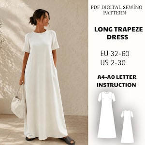 Peut inclure: Une longue robe trapèze blanche à manches courtes et encolure ronde. Le texte indique : PDF DIGITAL SEWING PATTERN, LONG TRAPEZE DRESS, EU 32-60, US 2-30, A4-AO LETTER INSTRUCTION. Inclut un dessin au trait blanc de la robe de face et de dos.