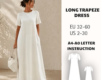 Long Trapeze Dress Pattern, Loose Summer Everyday Dress PDF