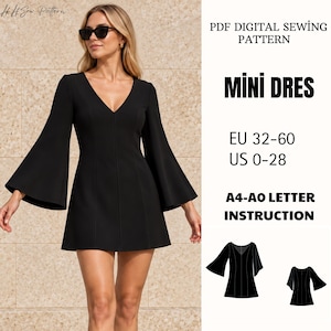 May include: A black mini dress with a V-neckline and long flared sleeves. The text reads: H H Sew Pattern, PDF DIGITAL SEWING PATTERN, MINI DRES, EU 32-60, US 0-28, A4-A0 LETTER INSTRUCTION. Includes two small black and white line drawings of the dress.