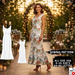 May include: A woman wearing a white floral print dress with a square neckline and a flared skirt. The dress features a pattern of pink, blue, and green flowers. The image also includes sewing pattern diagrams and text that reads "Sewing Pattern" and "All Size USA 0-30 Size's A4-A0 Letter."