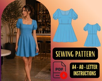 Puff Sleeve Mini Dress Sewing Pattern PDF, Selkie Style Dress, XS-5XL, Beginner Friendly (Azure)