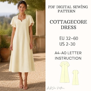 Midi-jurk met fladdermouwen Naaipatroon pdf Cottagecore-zomerjurk