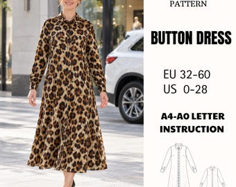 Button Front Midi Shirt Dress Sewing Pattern PDF Long Sleeve Pointed Collar A Line