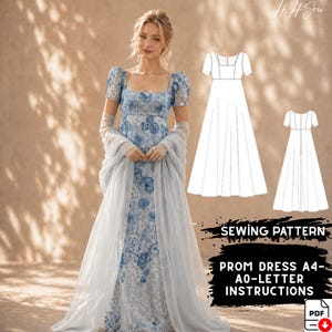 Può includere: Un abito da ballo blu floreale con scollo quadrato e maniche corte. L'abito presenta una gonna fluida ed è abbinato a uno scialle trasparente. L'immagine include anche un modello di cucito con il testo "SEWING PATTERN" e "PROM DRESS A4-A0-LETTER INSTRUCTIONS."