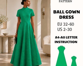 Boat Neck Long Prom Dress Pattern, Elegant Ball Gown PDF