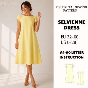 May include: A PDF digital sewing pattern for the Selvienne dress, featuring a light yellow knee-length dress with short sleeves and a round neckline. The text includes PDF DIGITAL SEWING PATTERN, SELVIENNE DRESS, EU 32-60, US 0-28, and A4-A0 LETTER INSTRUCTION.