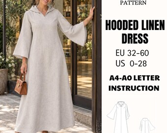Hooded Maxi Dress Sewing Pattern PDF Long Sleeve A Line Relaxed Fit