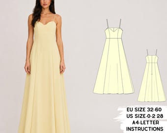 Maxi Dress Sewing Pattern PDF, Sweetheart Neck Bridesmaid Gown, Spaghetti Strap Formal Wear