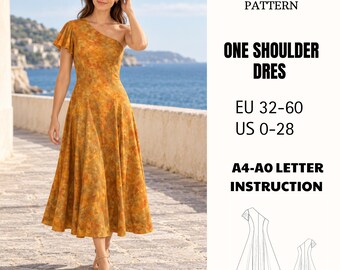 One Shoulder Midi Dress Sewing Pattern PDF Asymmetrical Neckline Flared Sleeve Princess Seam