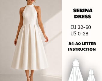 Halter Neck Midi Dress Sewing Pattern PDF, High Waist Full Skirt Bridal Cocktail