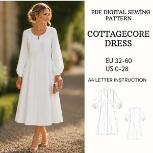 May include: A PDF digital sewing pattern for a white dress with long sleeves, a round neckline, and a flared skirt. The text reads PDF DIGITAL SEWING PATTERN COTTAGECORE DRESS EU 32-60 US 0-28 A4 LETTER INSTRUCTION, with line drawings of the dress.