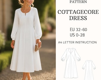 Cottagecore Midi Dress Sewing Pattern PDF Long Sleeve Modest Dress