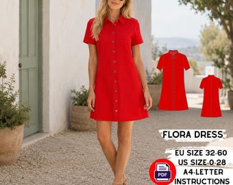 Shirt Dress Sewing Pattern PDF, Button Front Summer Mini Dress